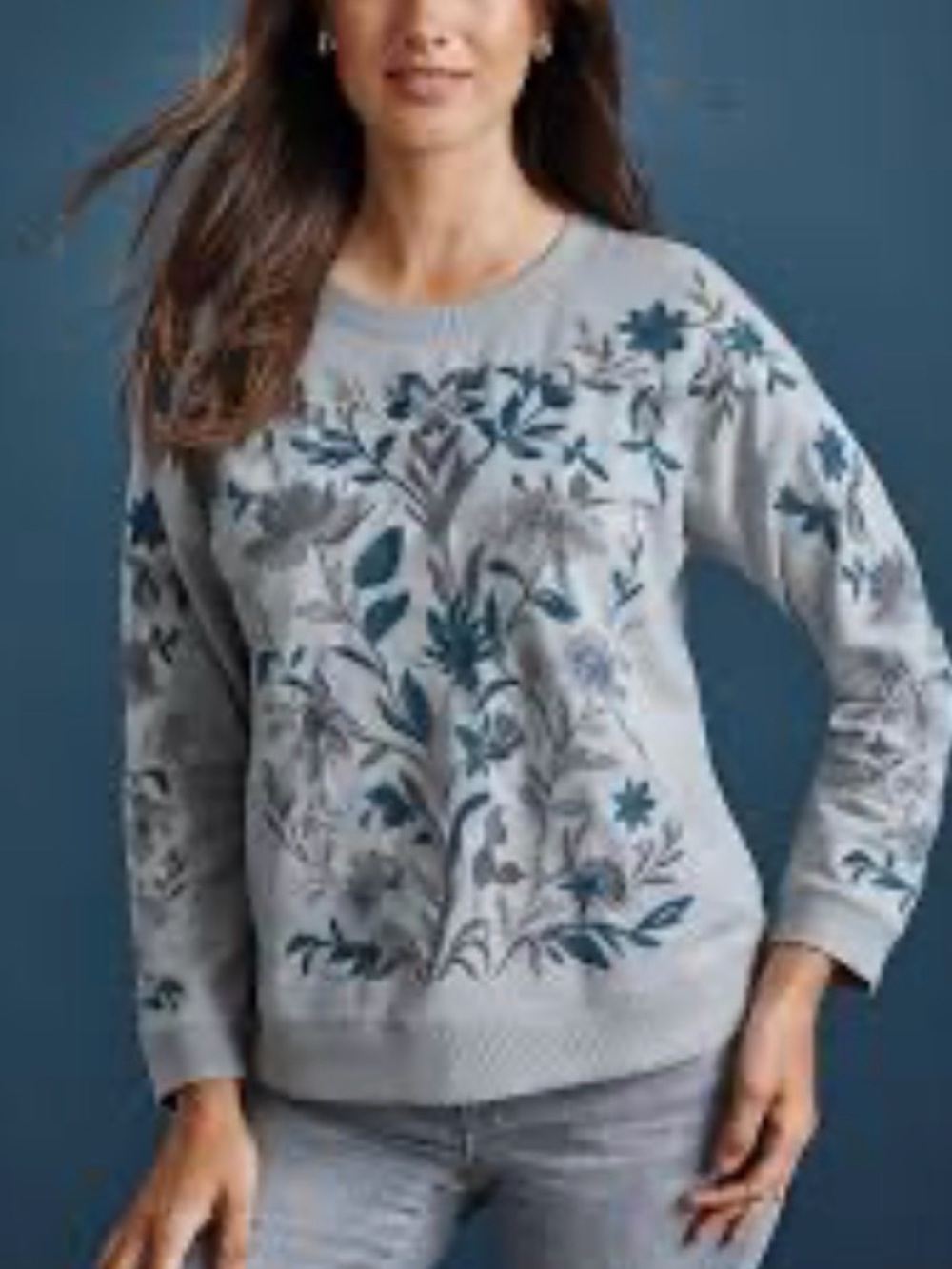J.Jill Embroidered Floral Sweatshirt L Gray Blue Cottagecore Grandmacore